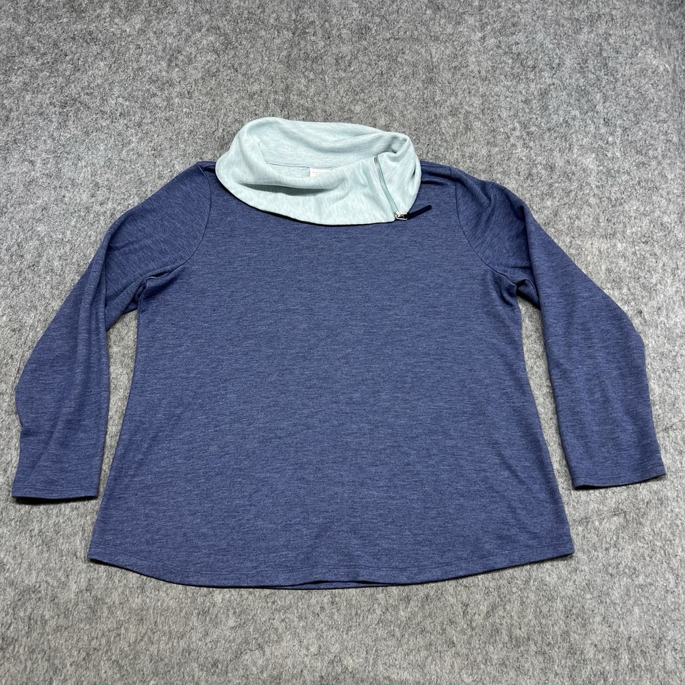 Weekends By Chicos Shirt Womens 3 Blue Cowl Neck Zip Long Sleeve Top Stretch